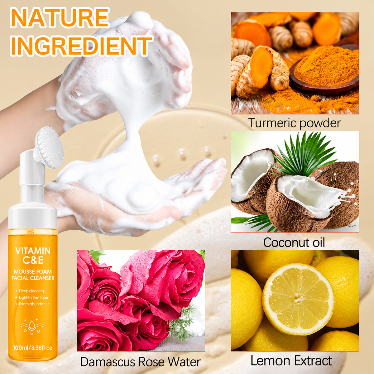 🔥Last Day-Buy 1 Get 1 Free🔥Turmeric + Kojic Acid Foaming Facial Cleanser with Silicone Brush