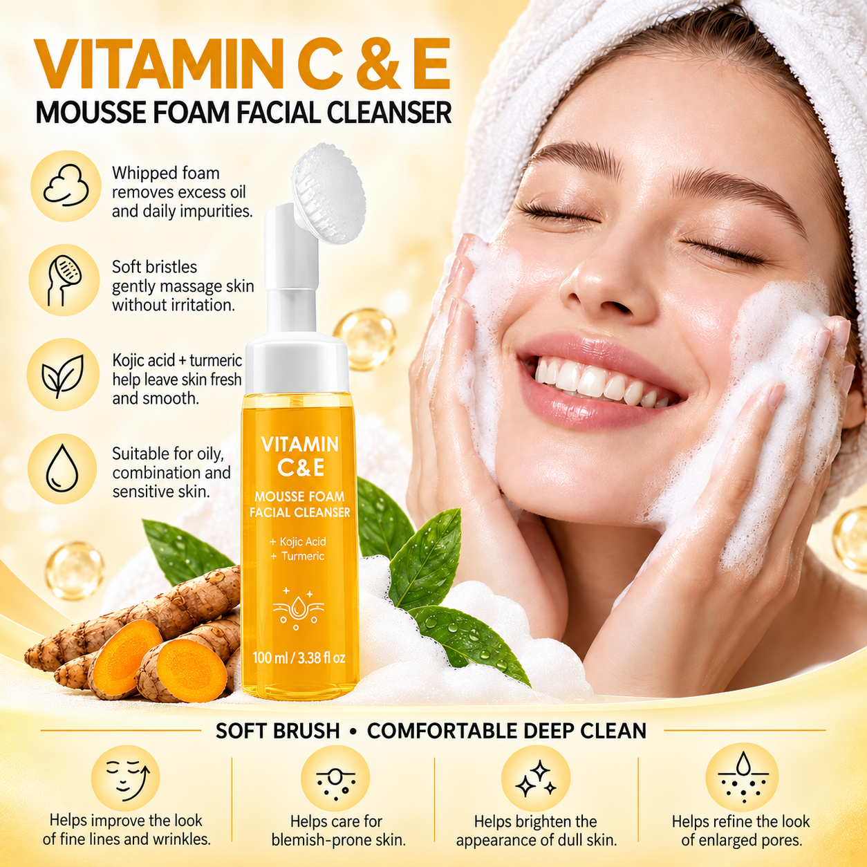 🔥Last Day-Buy 1 Get 1 Free🔥Turmeric + Kojic Acid Foaming Facial Cleanser with Silicone Brush