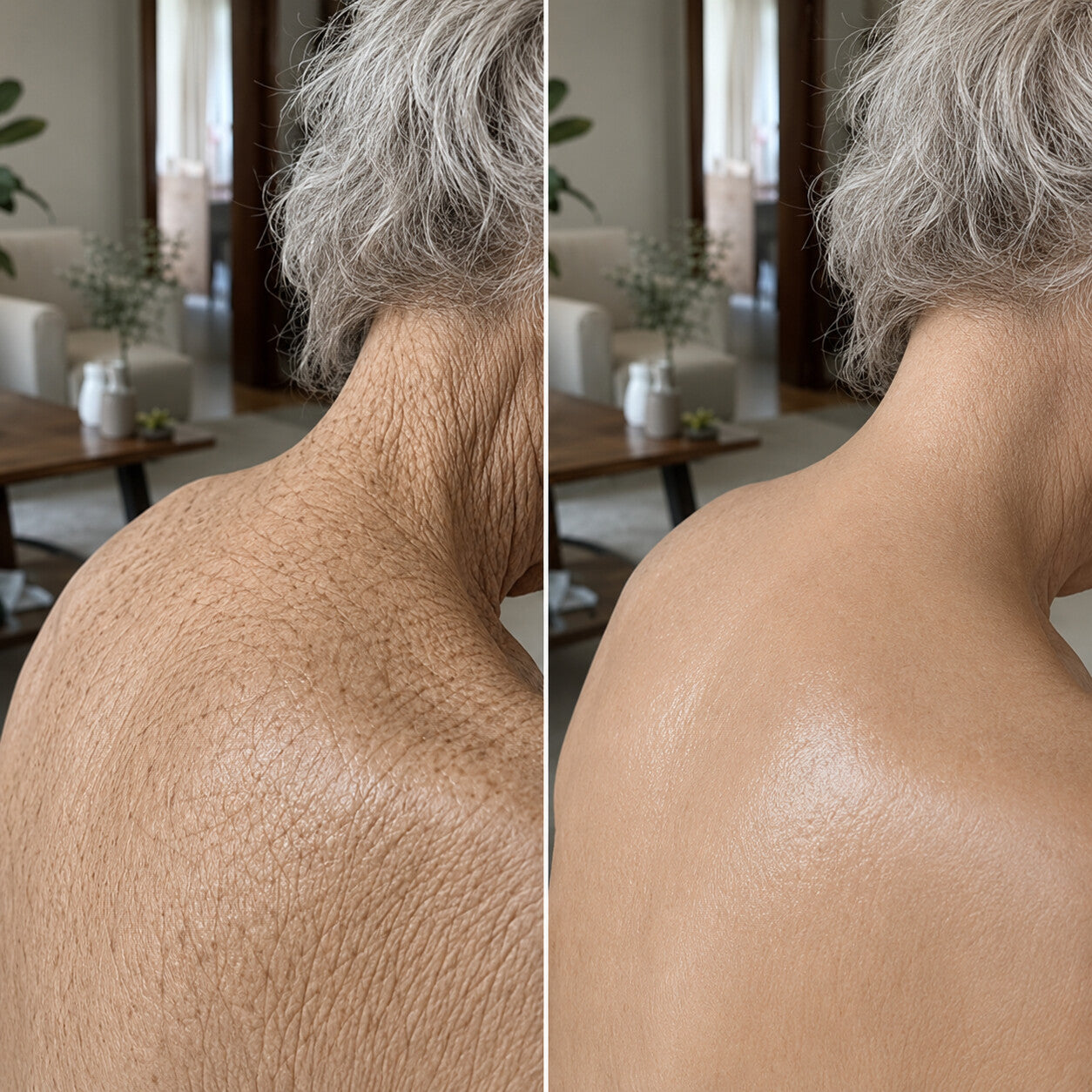 Before and after comparison of shoulder and upper back skin