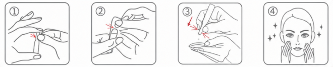 Four illustrations showing how to open the ampoule, dispense the essence, and apply it to the face
