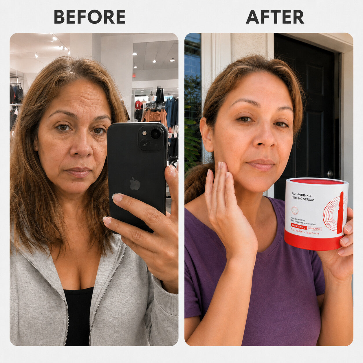 Customer before and after comparison showing facial tone and firmness